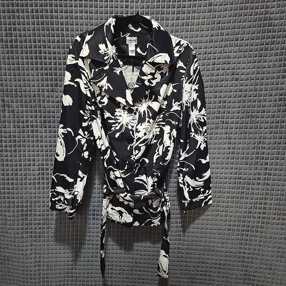 Black White Floral Raincoat Jacket FitsLg Chicos3 NWT Belted Boho Chic Glam City - Picture 1 of 16